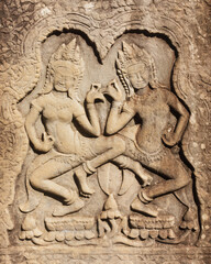 Intricate Apsara Stone Relief Dancing at Angkor Wat Temple Wall