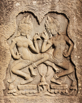 Intricate Apsara Stone Relief Dancing at Angkor Wat Temple Wall