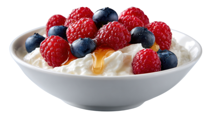 Delicious Cottage Cheese Delight: A fresh bowl of cottage cheese adorned with vibrant raspberries and blueberries, drizzled with honey, is a visually appealing and appetizing treat.