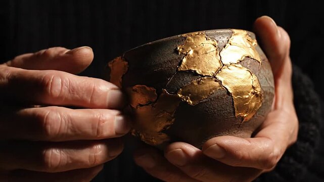 Kintsugi pottery art: hands holding repaired ceramic bowl
