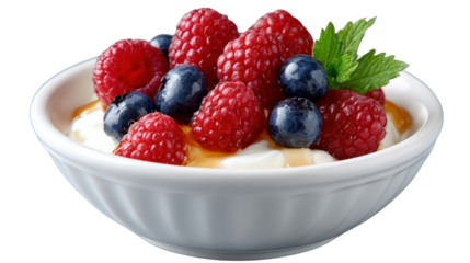 Berry Delight: A close-up shot of a creamy, inviting bowl of yogurt, adorned with vibrant raspberries, blueberries, a touch of honey, and a sprig of fresh mint.