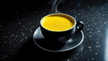 Steaming Golden Turmeric Latte in Dark Cup, Dramatic Low-Key Photography