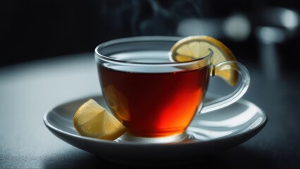 Steaming Cup of Black Tea with Lemon Slices on White Saucer, Dark Background