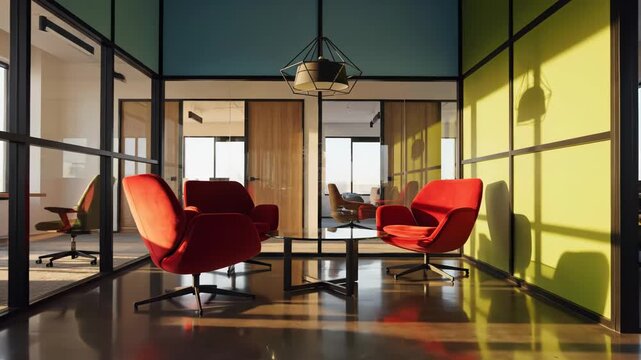 Modern office interior with colorful glass partitions and two vibrant red lounge chairs near a small glass table at sunset