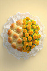 Freshly baked bread rolls arranged with vibrant marigold flowers on a decorative lace plate