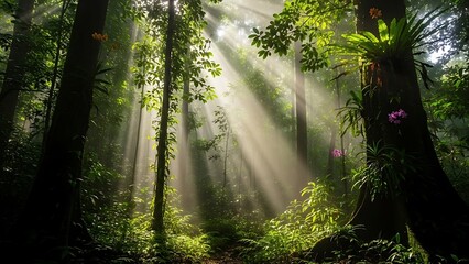 Sunbeams pierce the misty rainforest canopy illuminating vibrant flora and creating ethereal light.