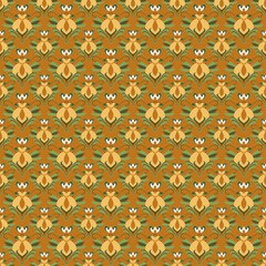 seamless repeating vertical damask pattern featuring stylized floral motifs in yellow pale green and dark green against a rich burnt orange background a bold 60s - 70s vintage aesthetic vector