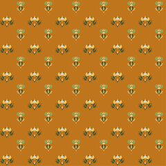 seamless repeating vertical damask pattern featuring stylized floral motifs in yellow pale green and dark green against a rich burnt orange background a bold 60s - 70s vintage aesthetic vector