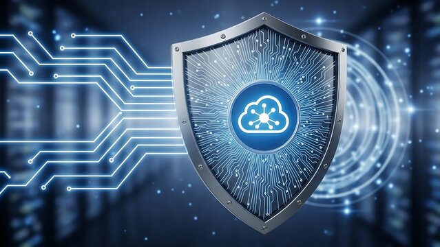 Cybersecurity shield with cloud icon protecting digital data networks for safe online transactions and secure data storage solutions for business growth