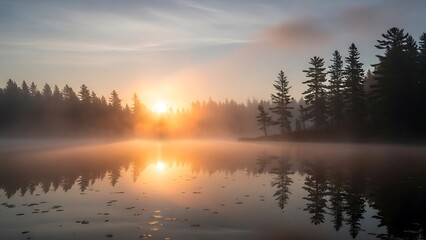 Obraz premium Ethereal Sunrise Over Misty Lake with Forest Reflection and Lily Pads.