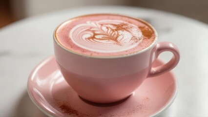 Exquisite Pink Latte Art with Delicate Cinnamon Dusting in a Pastel Cup