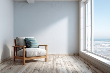 Fototapeta premium Minimalist interior space features a single wooden armchair next to a large window overlooking the ocean