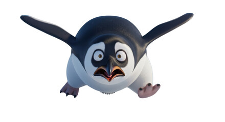 Fototapeta premium Funny penguin character with surprised expression, cute 3D cartoon penguin running with open wings, adorable flightless bird mascot on white background