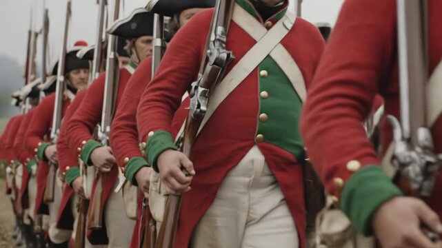 Close up of british redcoat soldier in historical reenactment marching in formation with musket during battle
