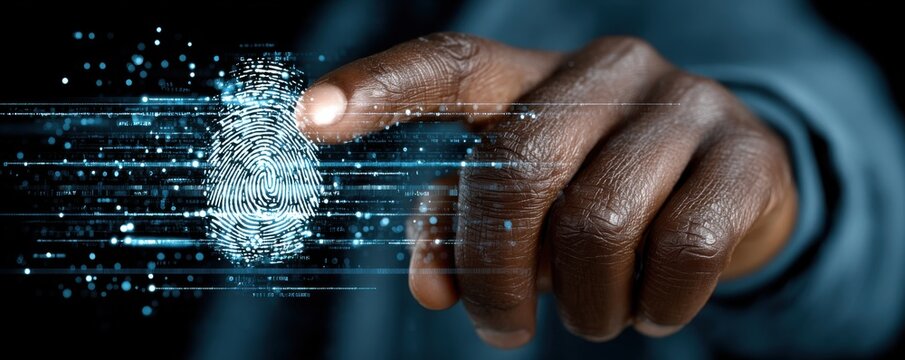 Fingerprint touch on a digital screen: a biometric security concept with a dark blue futuristic vibe