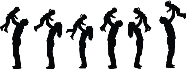 Adult lifting child silhouette set, joyful family moment, parent bonding, playful interaction, love care illustration, parenting theme flat vector
