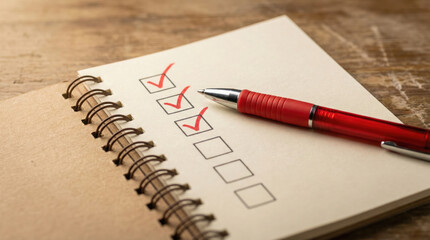 Notepad with checklist and red pen resting on wooden surface, showcasing organization and productivity in a workspace environment