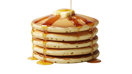 Appetizing stack of golden fluffy pancakes with melting butter and sweet maple syrup flowing, creating a delightful breakfast, perfectly isolated on transparent background