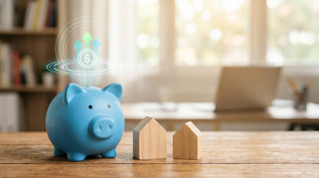 Blue piggy bank symbolizes savings growth with wooden house models on a wooden table in a bright, modern workspace showcasing financial planning