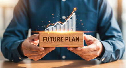 Business professional holding wooden block with text Future Plan, showcasing growth chart and upward trend, symbolizing strategic vision and success