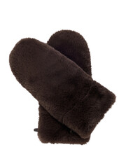 A pair of warm fuzzy brown wool mittens for winter cold weather protection isolated on transparent background
