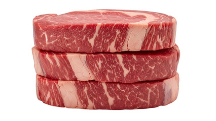 Stack of three premium raw ribeye beef steaks with rich marbling, showcasing fresh, high-quality meat ready for cooking or grilling, isolated on transparent background