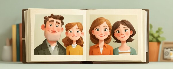 Happy family portrait in an illustrated photo album showing parents and children smiling together today