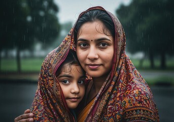 Close Up Portrait Of Indian Mother And Daughter With Heads Covered In Rain