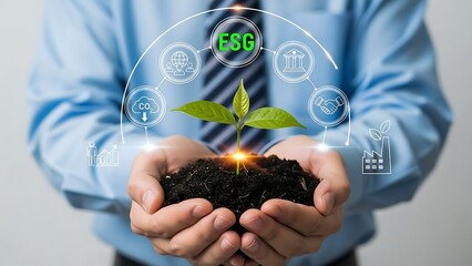 Sustainable future in nurturing hands, empowering ESG strategies, corporate social responsibility growing from the earth for a better world, modern business