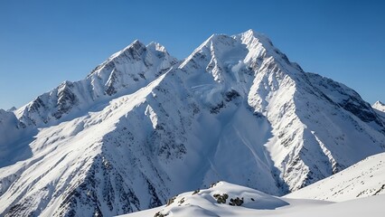 Majestic Snow-Capped Mountain Peaks Against Clear Blue Sky Alpine Landscape.