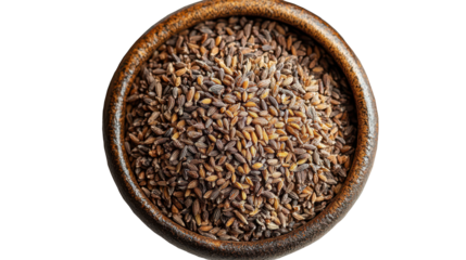 Ground caraway seeds in a small wooden bowl PNG, isolated on transparent background.
