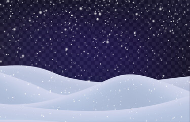 Night snow falling on snowdrifts, snowflakes and blizzard. Snow landscape decoration, frozen hills isolated on png. Vector heavy snowfall with snowbanks field. Christmas vector illustration.
