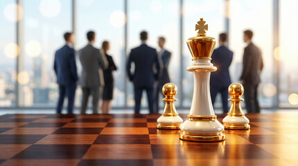 Conceptual business shot featuring a close-up of a chess king piece on a board with a blurred team of corporate executives standing in the background of a modern office.