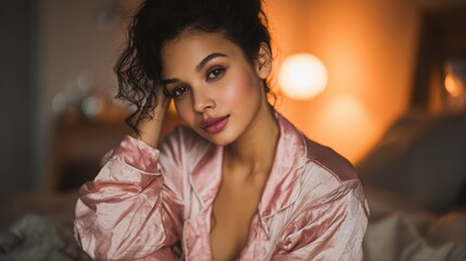 Woman Posing in Soft Stylish Pajamas in Cozy Bedroom With Warm Ambient Light