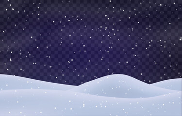 Fototapeta premium Night snow falling on snowdrifts, snowflakes and blizzard. Snow landscape decoration, frozen hills isolated on png. Vector heavy snowfall with snowbanks field. Christmas vector illustration.