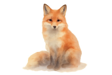 Naklejka premium Red fox animal portrait sitting, wildlife mammal painting with furry tail, transparent background cutout for design elements