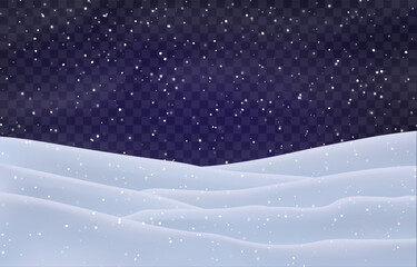 Night snow falling on snowdrifts, snowflakes and blizzard. Snow landscape decoration, frozen hills isolated on png. Vector heavy snowfall with snowbanks field. Christmas vector illustration.