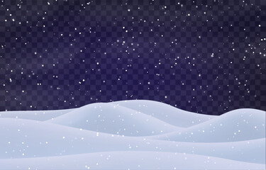 Night snow falling on snowdrifts, snowflakes and blizzard. Snow landscape decoration, frozen hills isolated on png. Vector heavy snowfall with snowbanks field. Christmas vector illustration.