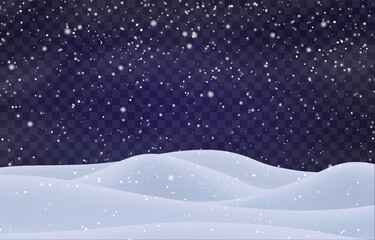 Night snow falling on snowdrifts, snowflakes and blizzard. Snow landscape decoration, frozen hills isolated on png. Vector heavy snowfall with snowbanks field. Christmas vector illustration.