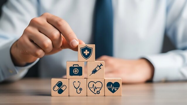 Secure your health future now wooden blocks offering health insurance concept promoting wellness and medical care with a bright modern optimistic feel - Powered by Adobe