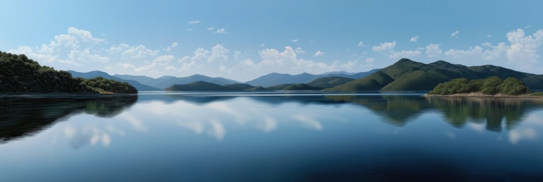 Serene mountain lake reflection under a clear blue sky
