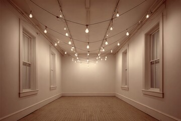 Light shines from bulbs in a room with white walls and wooden floor. Empty space is ready for use