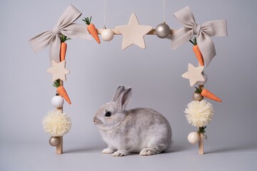 Gray rabbit sitting beside decorative arch with stars, bows, and carrots, creating a festive atmosphere for spring celebrations and holiday decorations