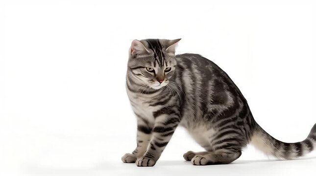 A grey tabby cat stretching forward with arched back, isolated on white