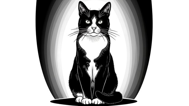 Whimsical black and white tuxedo cat sitting with spotlight effect