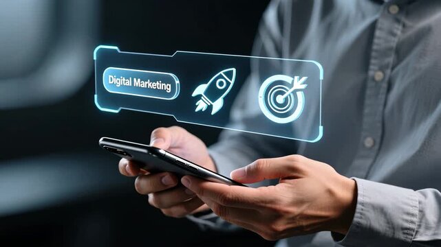 Businessman holding smartphone with glowing digital marketing text and icons in dark indoor setting marketing strategy, ad performance