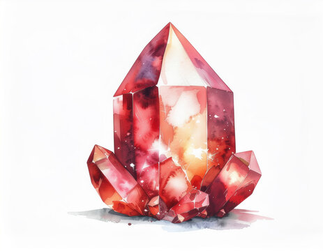 Vibrant watercolor painting of a red crystal cluster with a pointed central prism and sparkling facets in red, pink, and orange on a white background. - Powered by Adobe