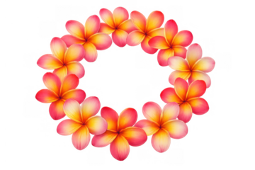 Plumeria flowers arranging a vibrant lei wreath, showcasing tropical beauty with pink and yellow gradient petals on a transparent background