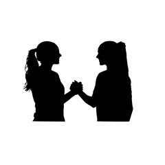 Two young women holding hands in silhouette against a white background
