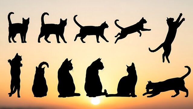 Collection of cat silhouettes in various poses against a sunset sky - Powered by Adobe